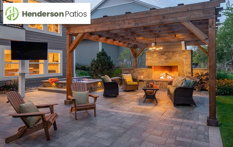 Patio enclosure with fire pit featuring modern patio remodeling products for outdoor comfort