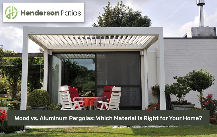 Wooden pergola in outdoor garden with seating area